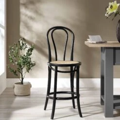 Camille Elm Wood And Rattan Bentwood Counter Stool, Black