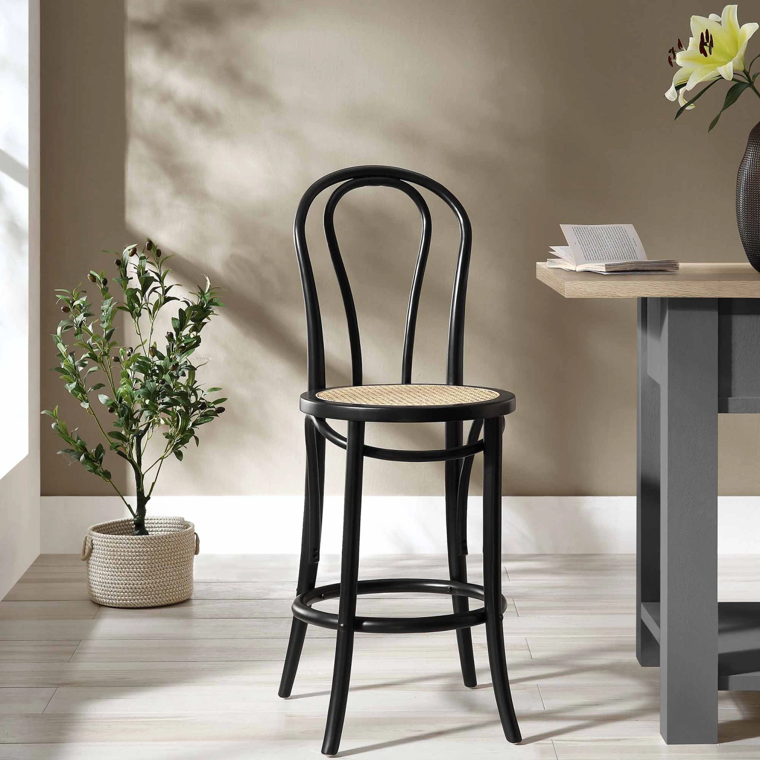 Camille Elm Wood And Rattan Bentwood Counter Stool, Black 1 Camille Elm Wood And Rattan Bentwood Counter Stool, Black