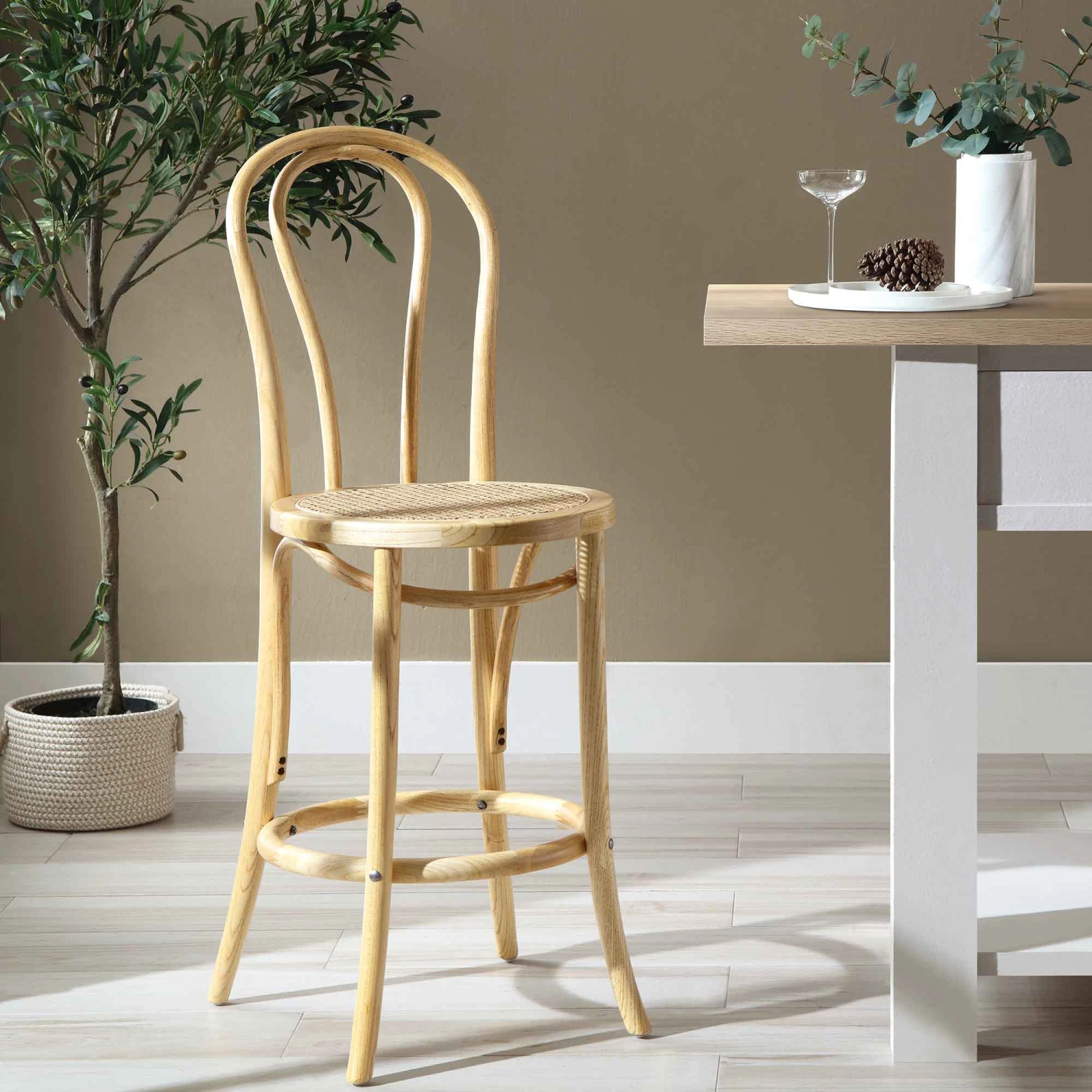 Camille Elm Wood And Rattan Bentwood Counter Stool, Natural 1 Camille Elm Wood And Rattan Bentwood Counter Stool, Natural