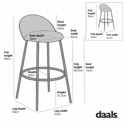 Barton Set Of 2 Grey Velvet Upholstered Bar Stools With Contrast Piping -Daals BCH 2129 CHART 2