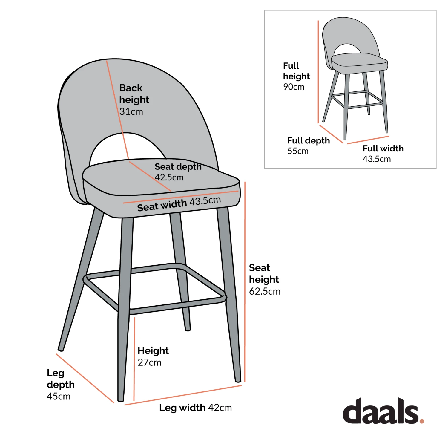 Oakley Set Of 2 Orange Velvet Upholstered Counter Stools With Contrast Piping 4 Oakley Set Of 2 Orange Velvet Upholstered Counter Stools With Contrast Piping - Image 4