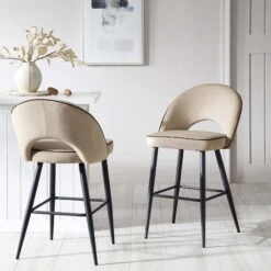 Oakley Set Of 2 Champagne Velvet Upholstered Counter Stools With Contrast Piping