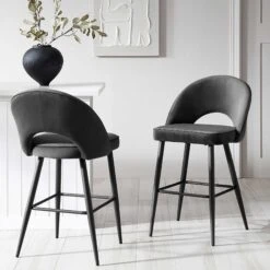 Oakley Set Of 2 Dark Grey Velvet Upholstered Counter Stools With Contrast Piping