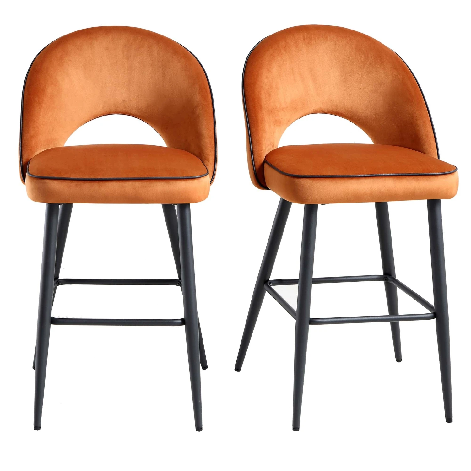 Oakley Set Of 2 Orange Velvet Upholstered Counter Stools With Contrast Piping 2 Oakley Set Of 2 Orange Velvet Upholstered Counter Stools With Contrast Piping - Image 2