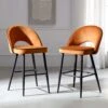 Oakley Set Of 2 Orange Velvet Upholstered Counter Stools With Contrast Piping
