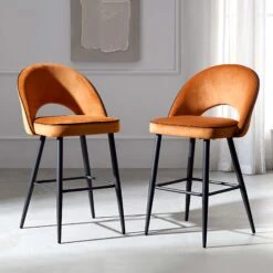 Oakley Set Of 2 Orange Velvet Upholstered Counter Stools With Contrast Piping