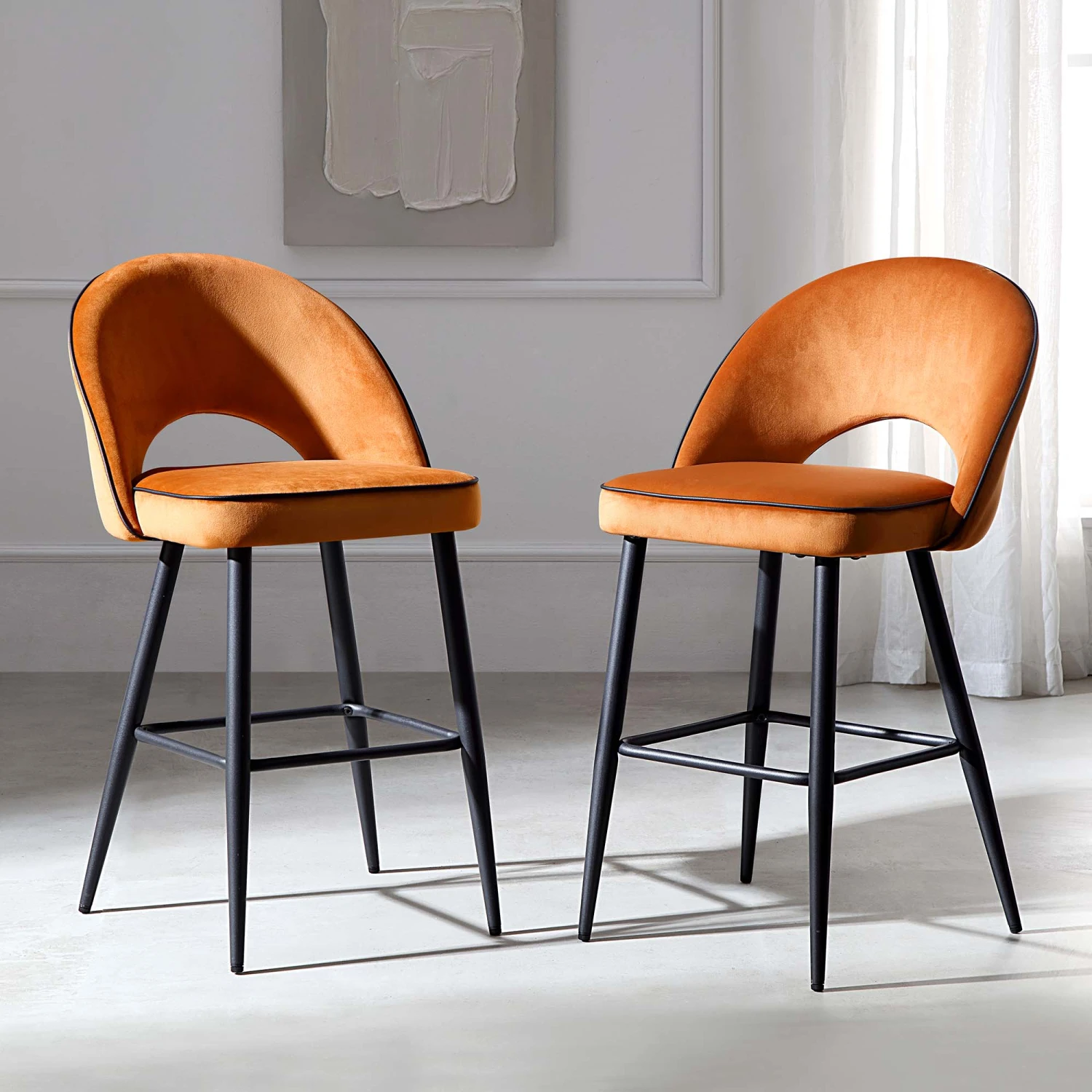 Oakley Set Of 2 Orange Velvet Upholstered Counter Stools With Contrast Piping 1 Oakley Set Of 2 Orange Velvet Upholstered Counter Stools With Contrast Piping