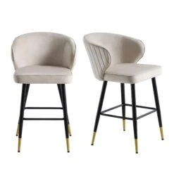 Langham Set Of 2 Champagne Velvet Upholstered Carver Counter Stools -Daals BCH 2170 CHAMP VEL 2P WB1
