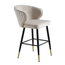Langham Set Of 2 Champagne Velvet Upholstered Carver Counter Stools -Daals BCH 2170 CHAMP VEL 2P WB3