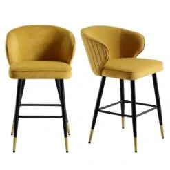 Langham Set Of 2 Mustard Velvet Upholstered Carver Counter Stools -Daals BCH 2170 MUSTARD VEL 2P WB1