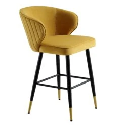 Langham Set Of 2 Mustard Velvet Upholstered Carver Counter Stools -Daals BCH 2170 MUSTARD VEL 2P WB3