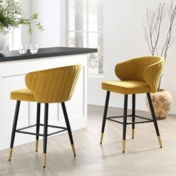 Langham Set Of 2 Mustard Velvet Upholstered Carver Counter Stools