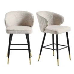 Langham Set Of 2 Oatmeal Woven Fabric Upholstered Carver Counter Stools -Daals BCH 2170 TAUPE WOV 2P WB1