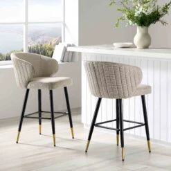 Langham Set Of 2 Oatmeal Woven Fabric Upholstered Carver Counter Stools