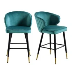 Langham Set Of 2 Teal Velvet Upholstered Carver Counter Stools -Daals BCH 2170 TEAL VEL 2P WB1