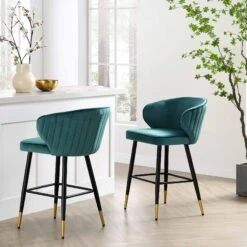 Langham Set Of 2 Teal Velvet Upholstered Carver Counter Stools