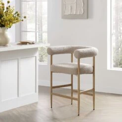 Fulbourn Taupe Boucle Counter Stool With Natural Wood Effect Legs