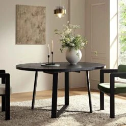 BERN Extending Round Dining Table With Metal Legs, Black