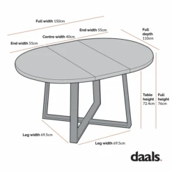 BERN Extending Round Dining Table With Metal Legs, Black -Daals BSD 092 CHART 1