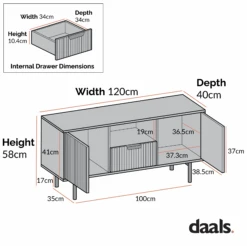 Richmond Ridged 120cm Wide TV Media Unit, Matte Black -Daals BSD 106 CHART