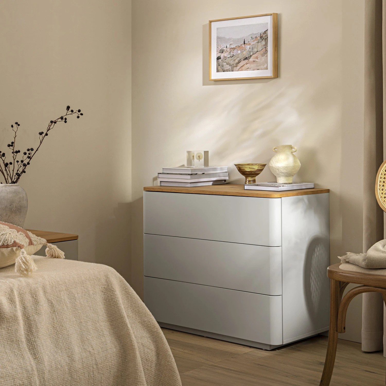 Agnes Curved Edge Chest Of 3 Drawers, Dove Grey With Oak Top 1 Agnes Curved Edge Chest Of 3 Drawers, Dove Grey With Oak Top