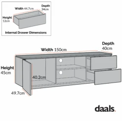 Agnes Curved Edge 150cm Wide TV Unit, Dove Grey With Oak Top 20 Agnes Curved Edge 150cm Wide TV Unit, Dove Grey With Oak Top -Daals BSD 118 CHART 1