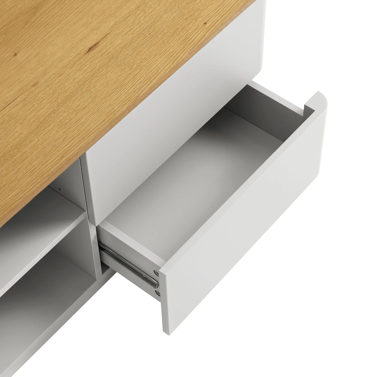 Agnes Curved Edge 150cm Wide TV Unit, Dove Grey With Oak Top 13 Agnes Curved Edge 150cm Wide TV Unit, Dove Grey With Oak Top - Image 13