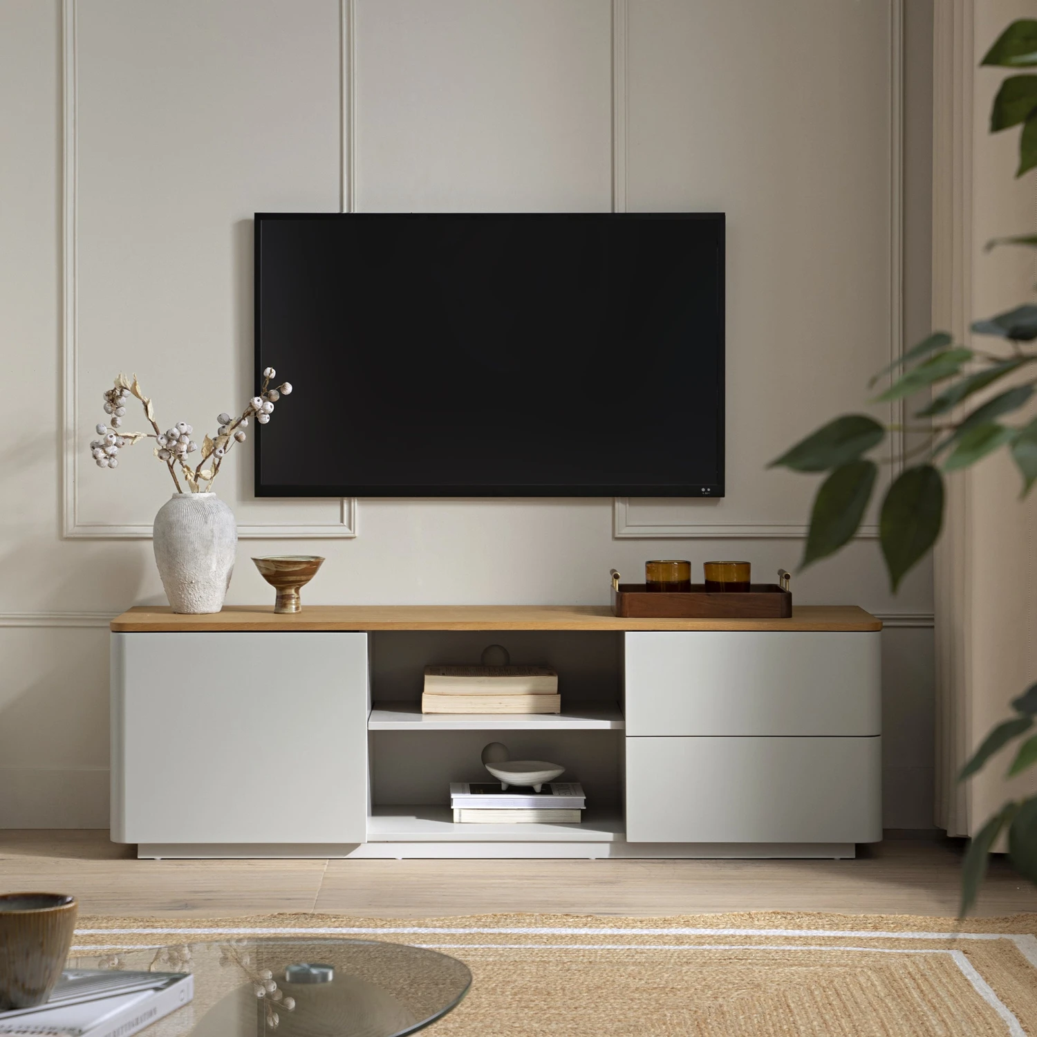 Agnes Curved Edge 150cm Wide TV Unit, Dove Grey With Oak Top 1 Agnes Curved Edge 150cm Wide TV Unit, Dove Grey With Oak Top