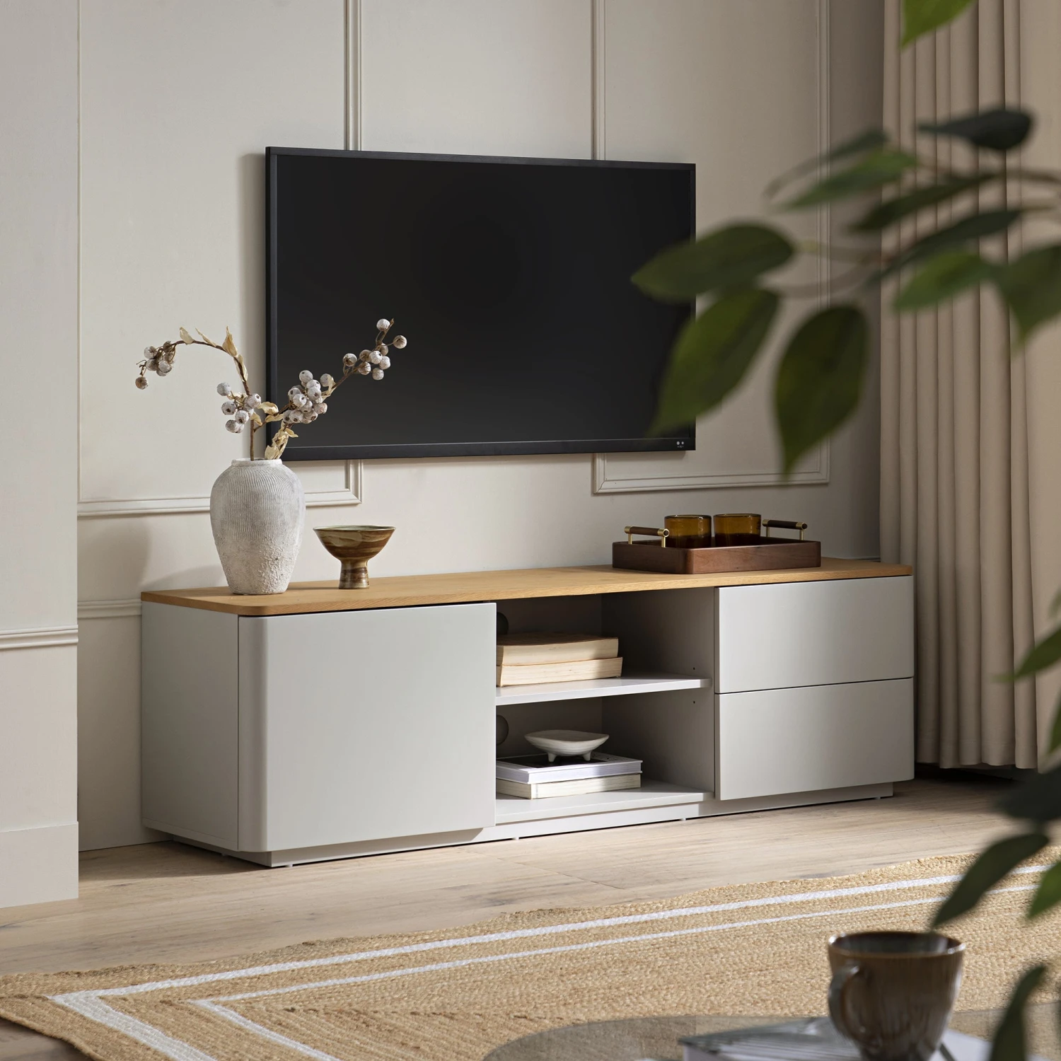 Agnes Curved Edge 150cm Wide TV Unit, Dove Grey With Oak Top 2 Agnes Curved Edge 150cm Wide TV Unit, Dove Grey With Oak Top - Image 2