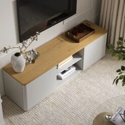 Agnes Curved Edge 150cm Wide TV Unit, Dove Grey With Oak Top 16 Agnes Curved Edge 150cm Wide TV Unit, Dove Grey With Oak Top -Daals BSD 118 DOVEGREY scene2