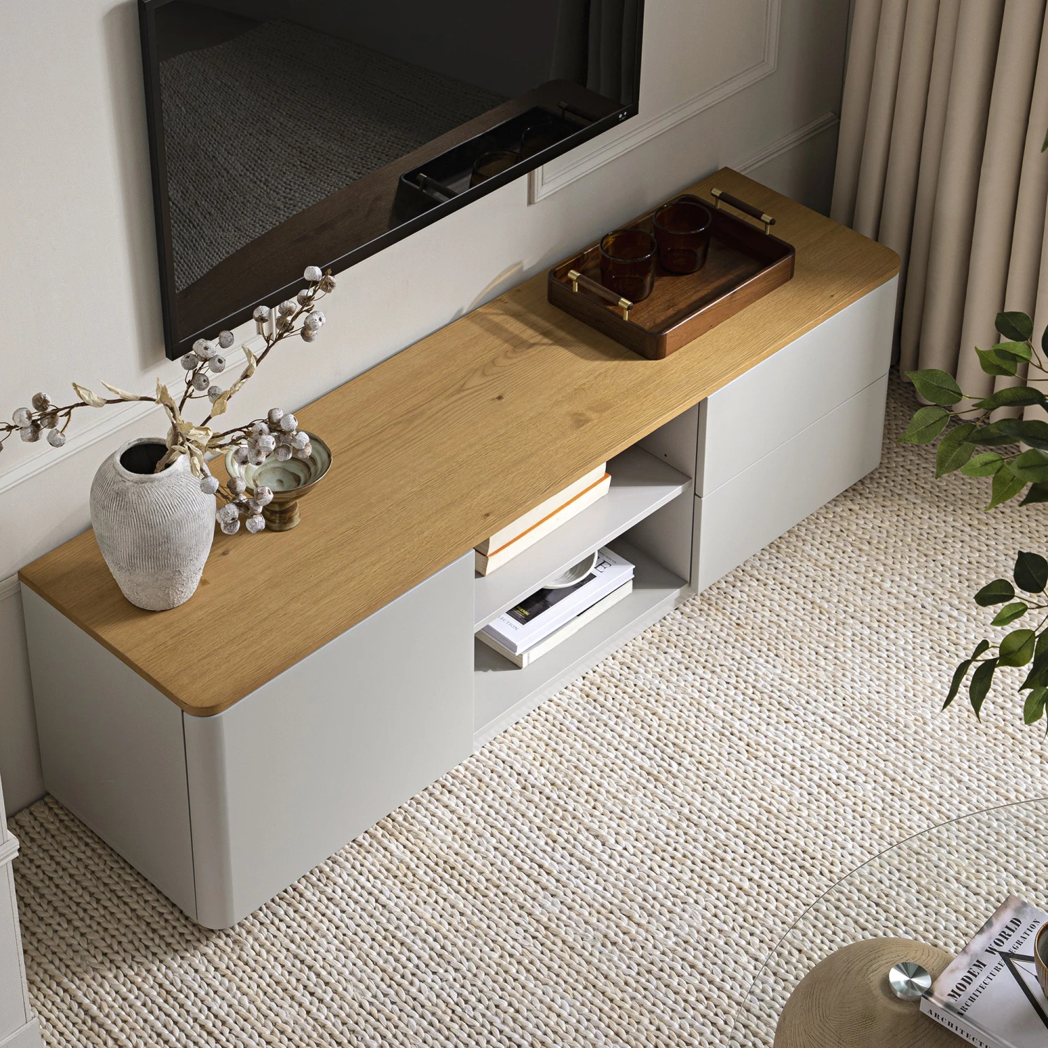 Agnes Curved Edge 150cm Wide TV Unit, Dove Grey With Oak Top 3 Agnes Curved Edge 150cm Wide TV Unit, Dove Grey With Oak Top - Image 3