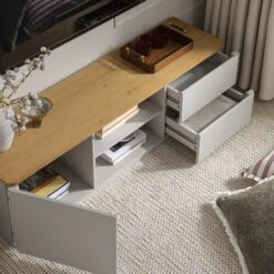 Agnes Curved Edge 150cm Wide TV Unit, Dove Grey With Oak Top 17 Agnes Curved Edge 150cm Wide TV Unit, Dove Grey With Oak Top -Daals BSD 118 DOVEGREY scene3