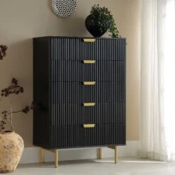 Richmond Ridged Chest Of 5 Drawers, Matte Black