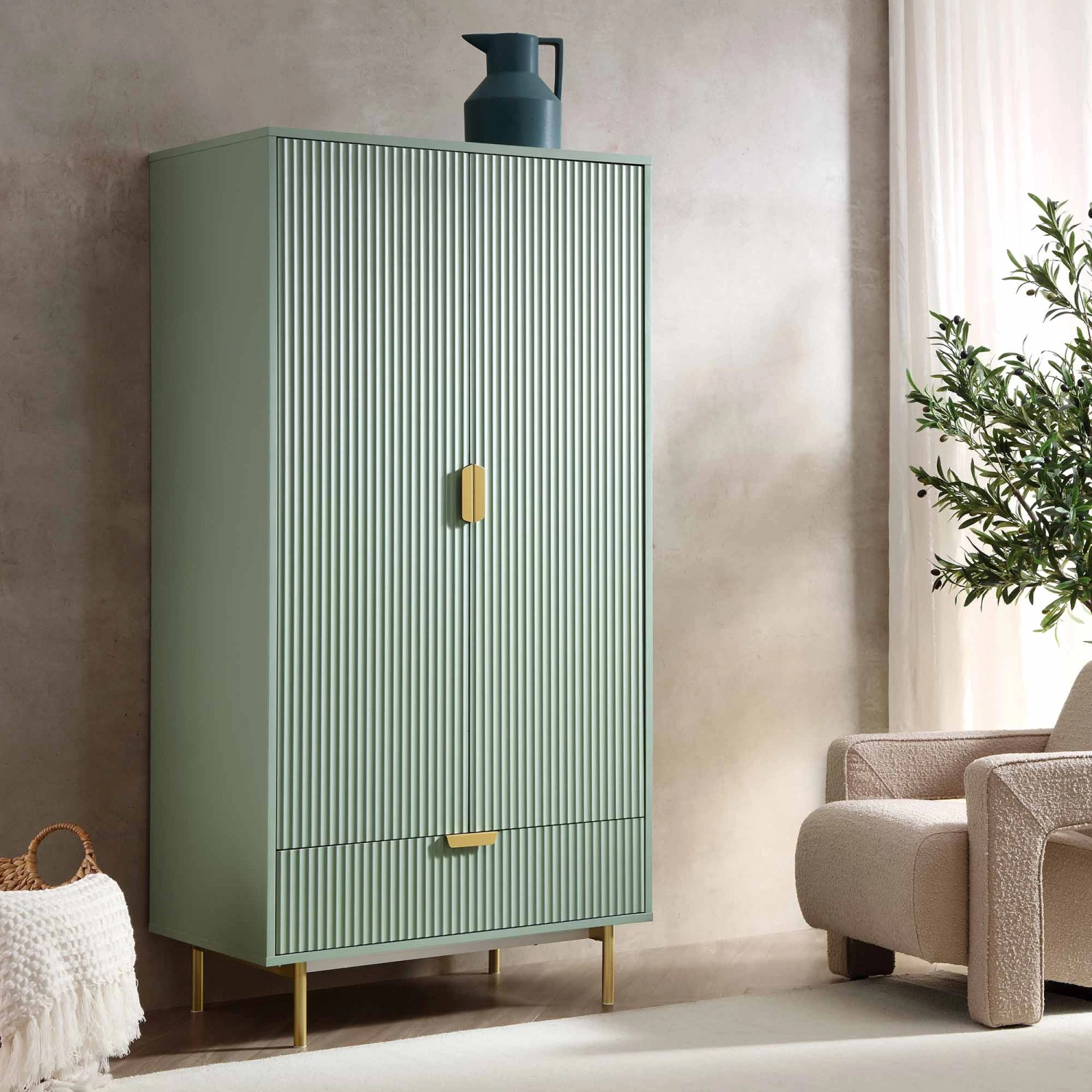 Richmond Ridged Double Wardrobe With Drawer, Matte Sage Green 1 Richmond Ridged Double Wardrobe With Drawer, Matte Sage Green