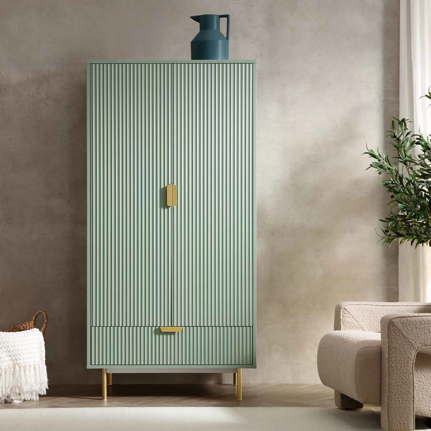 Richmond Ridged Double Wardrobe With Drawer, Matte Sage Green 2 Richmond Ridged Double Wardrobe With Drawer, Matte Sage Green - Image 2