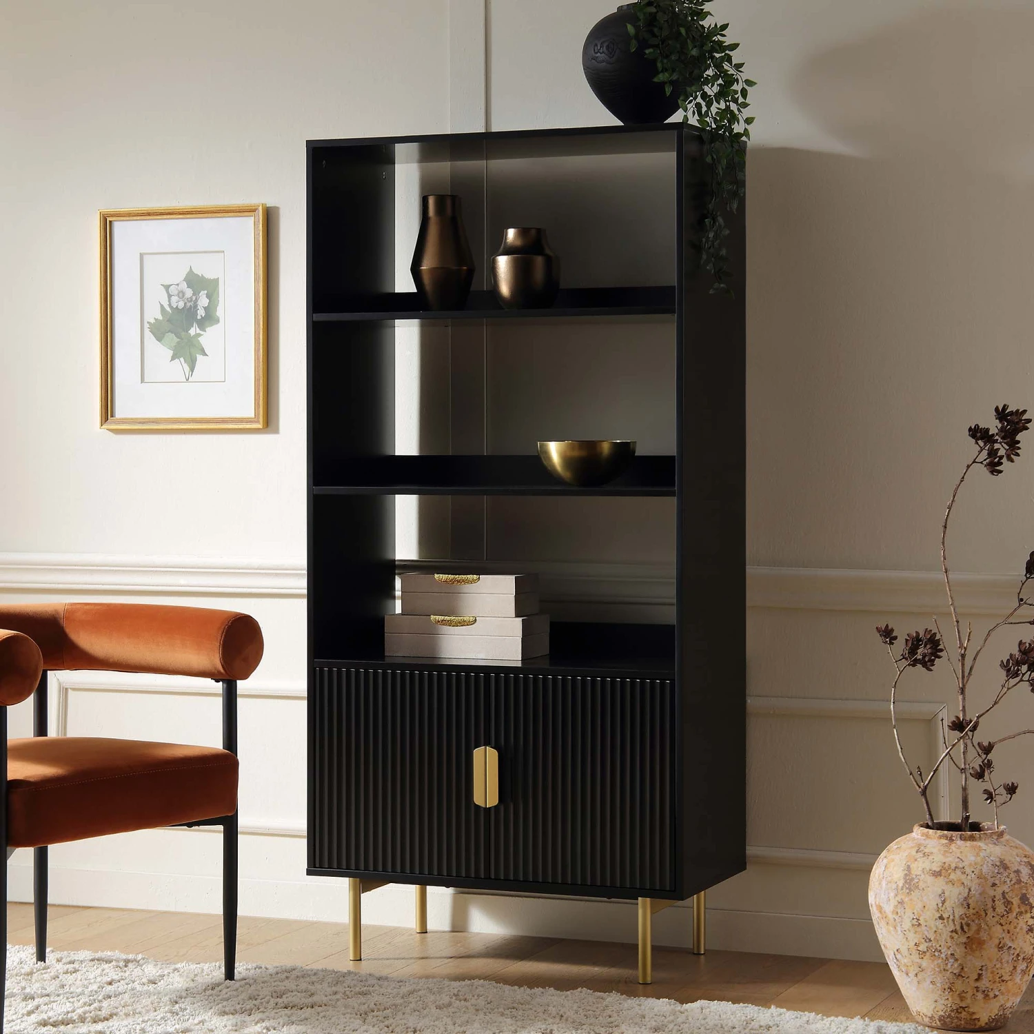 Richmond Ridged Tall Bookcase With Doors, Matte Black 2 Richmond Ridged Tall Bookcase With Doors, Matte Black - Image 2