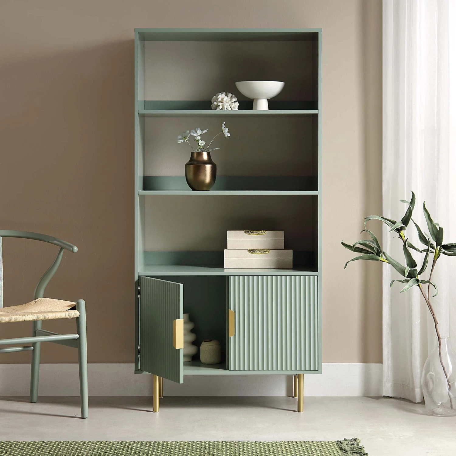 Richmond Ridged Tall Bookcase With Doors, Matte Sage Green 3 Richmond Ridged Tall Bookcase With Doors, Matte Sage Green - Image 3