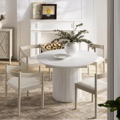 Maru Round 4-6 Seater Extending Oak Pedestal Dining Table, Washed White -Daals BSD 135 WHITE scene3
