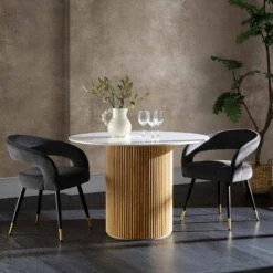 Maru Ceramic Top Oak Pedestal Round Dining Table