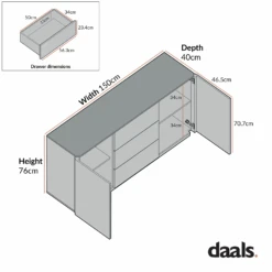 Agnes Curved Edge 2 Door 3 Drawer Wide Sideboard, Off White With Oak Top -Daals BSD 143 CHART 1