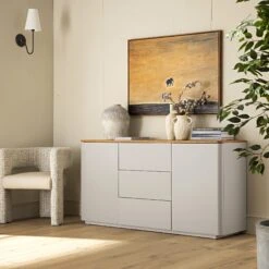 Agnes Curved Edge 2 Door 3 Drawer Wide Sideboard, Dove Grey With Oak Top