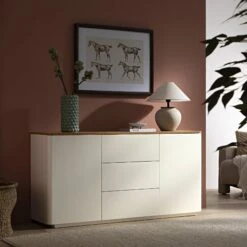 Agnes Curved Edge 2 Door 3 Drawer Wide Sideboard, Off White With Oak Top