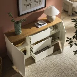 Agnes Curved Edge 2 Door 3 Drawer Wide Sideboard, Off White With Oak Top -Daals BSD 143 WHITE scene2