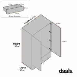 Agnes Curved Edge Double Wardrobe, Off White With Oak Top -Daals BSD 146 CHART
