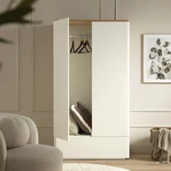 Agnes Curved Edge Double Wardrobe, Off White With Oak Top