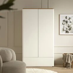 Agnes Curved Edge Double Wardrobe, Off White With Oak Top -Daals BSD 146 WHITE scene2