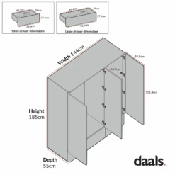 Agnes Curved Edge Triple Wardrobe, Off White With Oak Top -Daals BSD 147 CHART