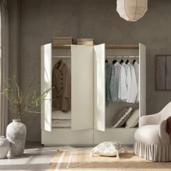 Agnes Curved Edge 4-Door Wardrobe, Off White With Oak Top -Daals BSD 148 WHITE scene2