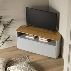 Agnes Curved Edge Corner TV Unit, Dove Grey With Oak Top -Daals BSD 149 DOVEGREY scene2