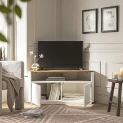 Agnes Curved Edge Corner TV Unit, Off White With Oak Top 15 Agnes Curved Edge Corner TV Unit, Off White With Oak Top -Daals BSD 149 WHITE scene2